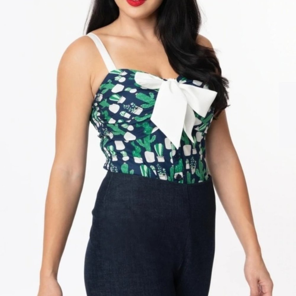 Unique Vintage Plus Size Potted Cactus Print DuBois Top